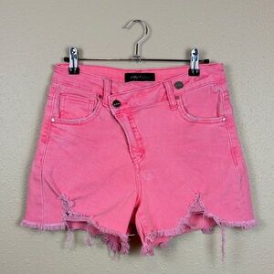 Risen | Neon Pink Denim Shorts S Asymmetrical Zip Distressed High Rise